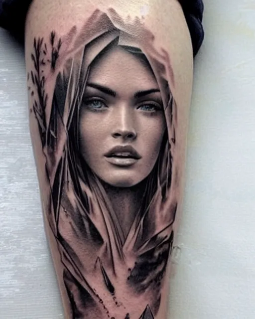 Image similar to creative double exposure effect tattoo design sketch of megan fox faded in beautiful mountain scenery, realism tattoo, in the style of matteo pasqualin, amazing detail, sharp