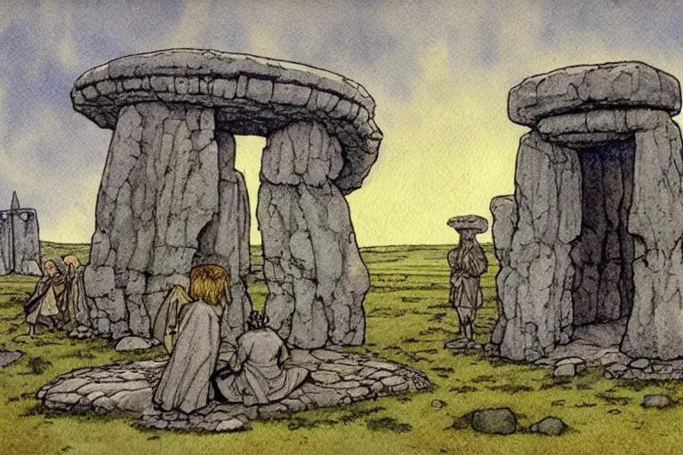 Prompt: a realistic and atmospheric watercolour fantasy concept art of a ufo landing in a tiny stonehenge. one dirty medieval monk in grey robes is pointing up at the ufo. muted colors. by rebecca guay, michael kaluta, charles vess and jean moebius giraud