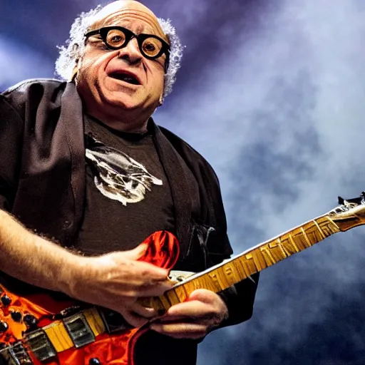 Image similar to Danny DeVito in a death metal band shredding the guitar