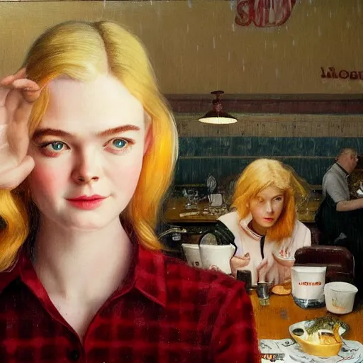 Image similar to Elle Fanning at a diner, head and shoulders portrait, stormy weather, extremely detailed masterpiece, Roger Deakin’s cinematography, oil on canvas, Norman Rockwell,