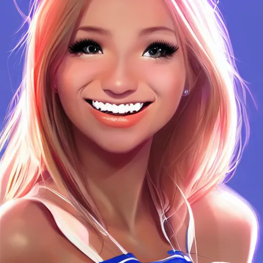 Image similar to very beautiful female cheerleader, smiling, flirty, eye contact, perfect face, perfect body, drawn by artgerm