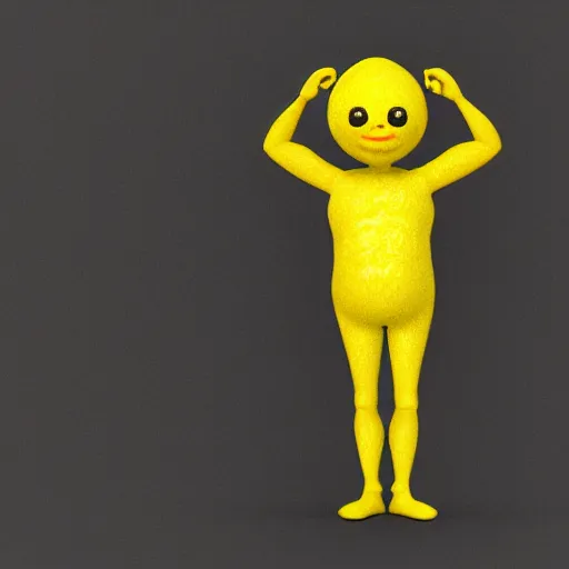 Image similar to a lemon in shape of a human with legs of lemons and round body, arms of lemons, very realistic, high quality, volumetric light