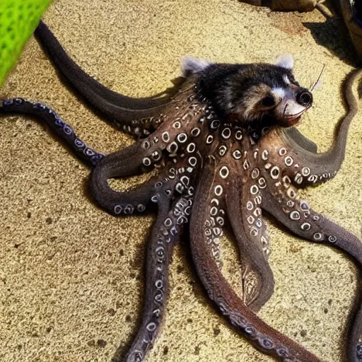 Prompt: photo of an octopus that looks like a raccoon