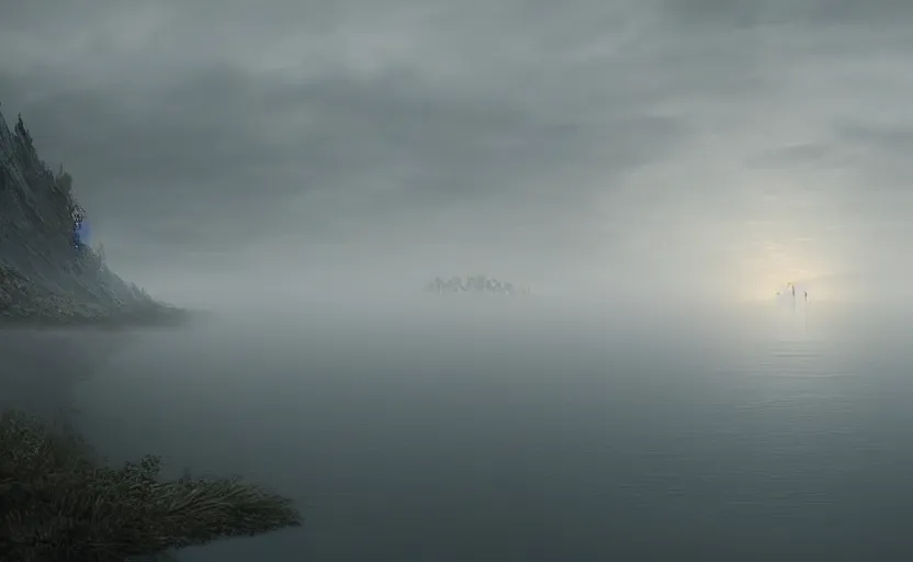 Image similar to a strange lake directed by charlie kaufman ( 2 0 0 1 ) anamorphic lenses, heavy fog volumetric light, cinematic trending on artstation in the style of greg rutkowski