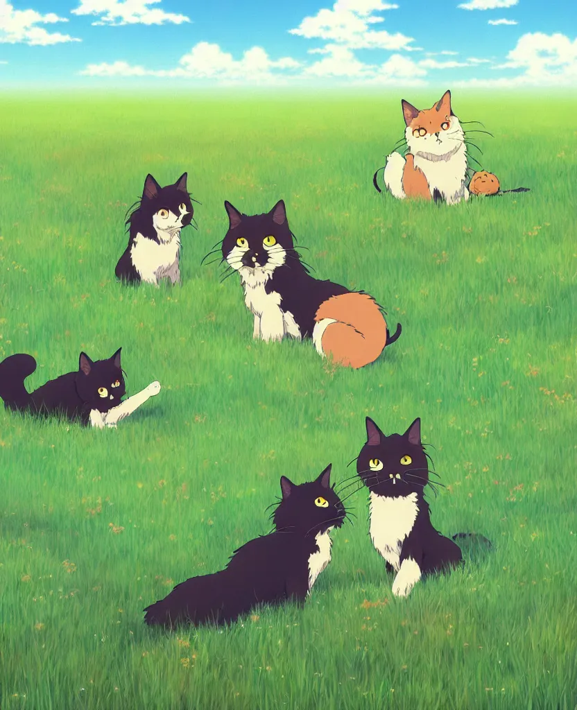 Prompt: beautiful painting from the anime film by studio ghibli, floppy eared dogs in a grassy field eating cats, snarling , trending on artstation