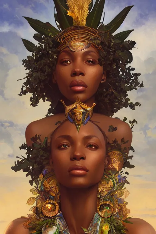 Prompt: african goddess of nature, accurate anatomy, only two hands, highly detailed, digital painting, artstation, concept art, smooth, sharp focus, illustration, Unreal Engine 5, 8K, art by Ross Tran and greg rutkowski and alphonse Mucha