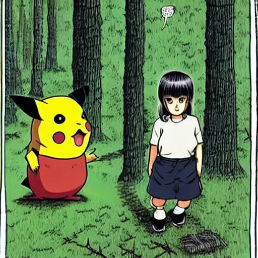 Image similar to Pikachu in a forest with his trainer by Junji Ito, scary, horror, eerie, ominous