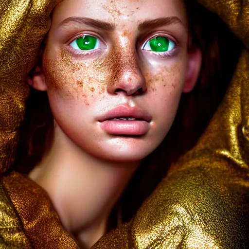 Image similar to intricate crisp portrait of a cute thin young woman, light bronze brown hair, very detailed emerald green eyes, red blush, light freckles, soft smile, casual clothes, relaxing on the couch, home interior, golden hour, close up shot, 8 k, hyperreal art by irakli nadar, hyperrealism, hyperdetailed, ultra realistic