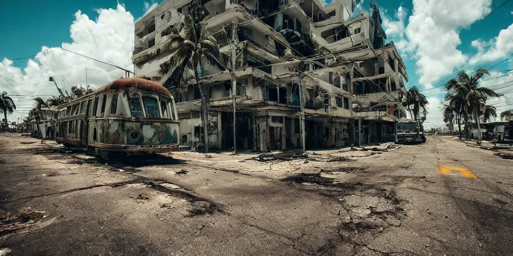 Image similar to low wide angle shot of dilapidated fallout 5 miami, tropical coastal city in real life, desolate, dilapidated, empty streets, some rusted retro futuristic vintage styled parked vehicles like cars, buses, trucks, trams, sunny weather, few clouds, volumetric lighting, photorealistic, daytime, spring, sharp focus, ultra detailed