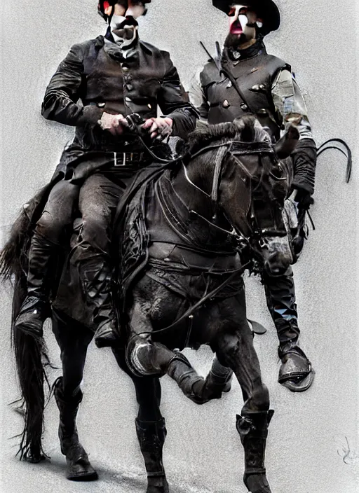 Prompt: painting of john oliver and adam driver together, riding horse, stoic, full body, military uniform, fantasy, intricate, elegant, beautiful, highly detailed, charcoal, centered, dark, smokey, digital painting, artstation, concept art, smooth, sharp focus, illustration, art by artgerm, art by greg rutkowski, art by alphonse mucha