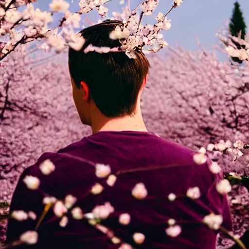 Image similar to kodak portra 4 0 0 photograph of a skinny blonde guy standing in field of cherry blossom trees, back view, flower crown, moody lighting, moody vibe, telephoto, 9 0 s vibe, blurry background, vaporwave colors, faded!,
