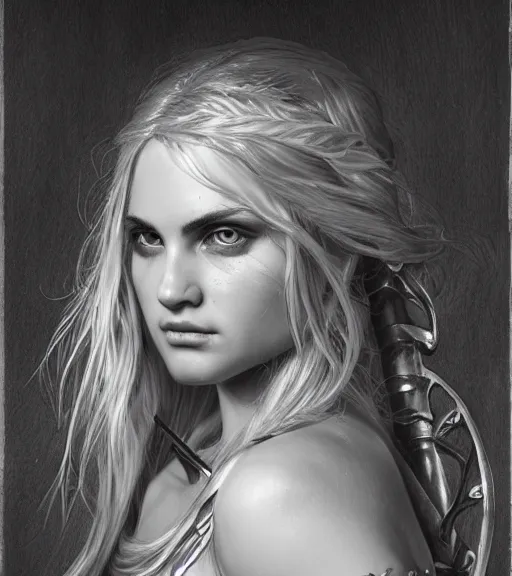 Image similar to medium shot of beautiful aphrodite goddess as an archer warrior, beautiful piercing eyes, flowing blonde hair, realistic face, black and white drawing, in the style of greg rutkowski, fantasy, amazing detail, epic, intricate, elegant, smooth, sharp focus