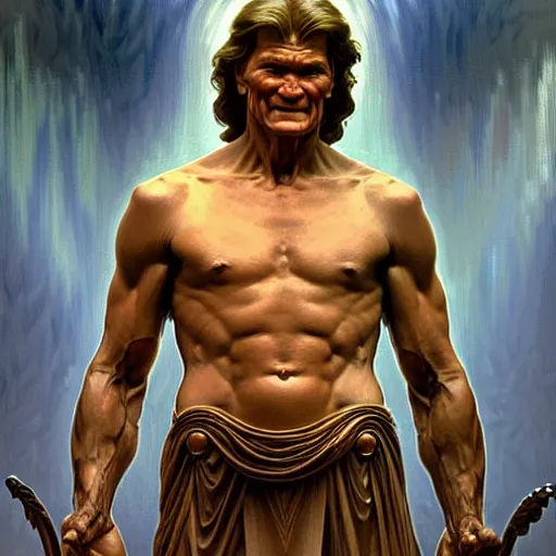 Image similar to patrick swayze as the roman god of protection!! intricate elegant, highly detailed, digital painting, artstation, concept art, smooth, sharp focus, illustration, art by ( ( ( artgerm ) ) ) and greg rutkowski! and ( ( alphonse mucha ) ), heavily influenced by frank frazetta and boris vallejo, sword and sorcery