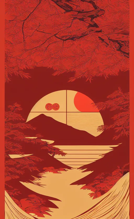 Image similar to hanafuda, a big red charm is floating above a forest of japanese pines, a big red sun in the background, original style, front game card, vector line art, trending on behance, concept art, stunning, matte