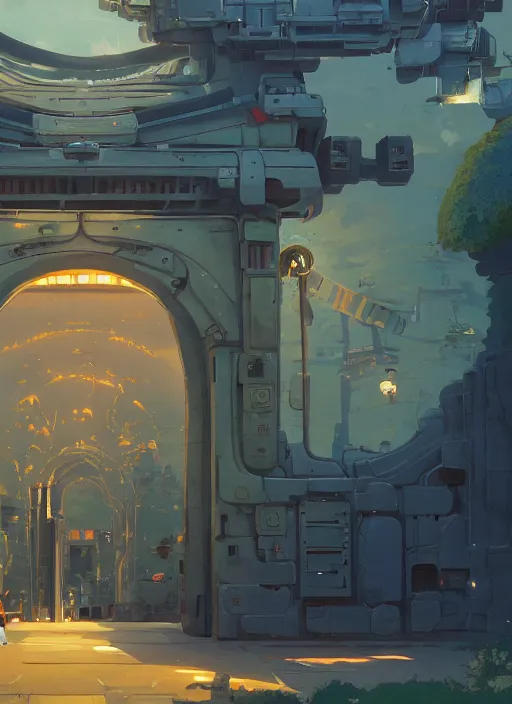 Image similar to warm canyon with giant gate entrance, nuclear powered, detailed, futuristic, cory loftis, james gilleard, atey ghailan, makoto shinkai, goro fujita, studio ghibli, rim light, exquisite lighting, clear focus, very coherent, plain background