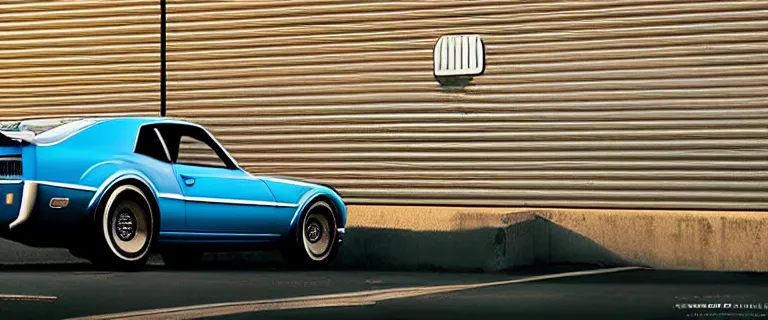 Image similar to striped denim blue audi camaro b 1 ( 1 9 6 7 ), establishing shot, by simon stalenhag