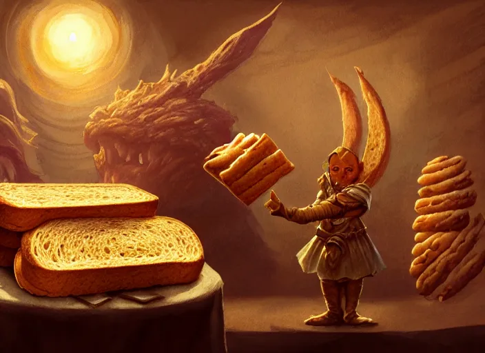 Image similar to a character made out of bread and toast giving a speech in front of a podium, audience in the background, by marco bucci and frank frazetta, magic : the gathering fantasy concept art, high resolution, fantasy coloring, intricate, digital painting, artstation, smooth, sharp focus