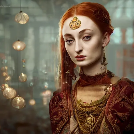 Image similar to sophie turner in javanese victorian clothing, hyper realistic, ambient lighting, concept art, intricate, hyper detailed, smooth, dynamic volumetric lighting, octane, raytrace, cinematic, high quality, high resolution, 4 k, cgsociety, rutkowski, gurney