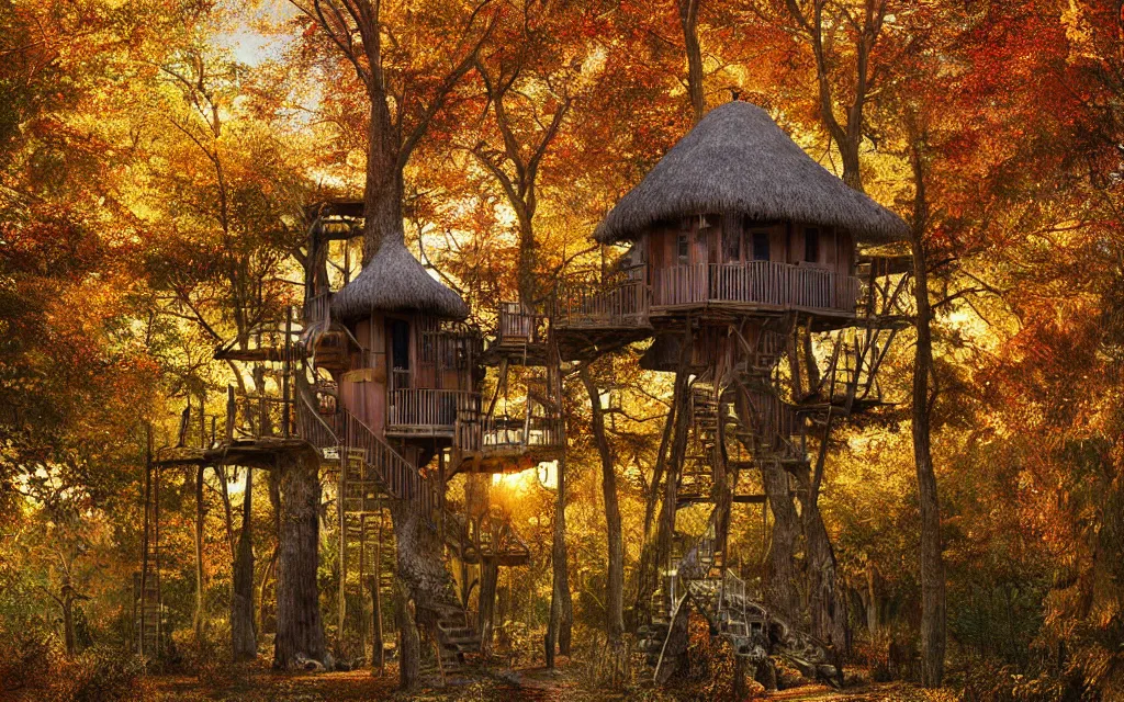 Image similar to a group of tree houses with wooden ladders and thatched roofs, nestled in a forest, golden hour, autumn leaves, realistic high quality art digital art