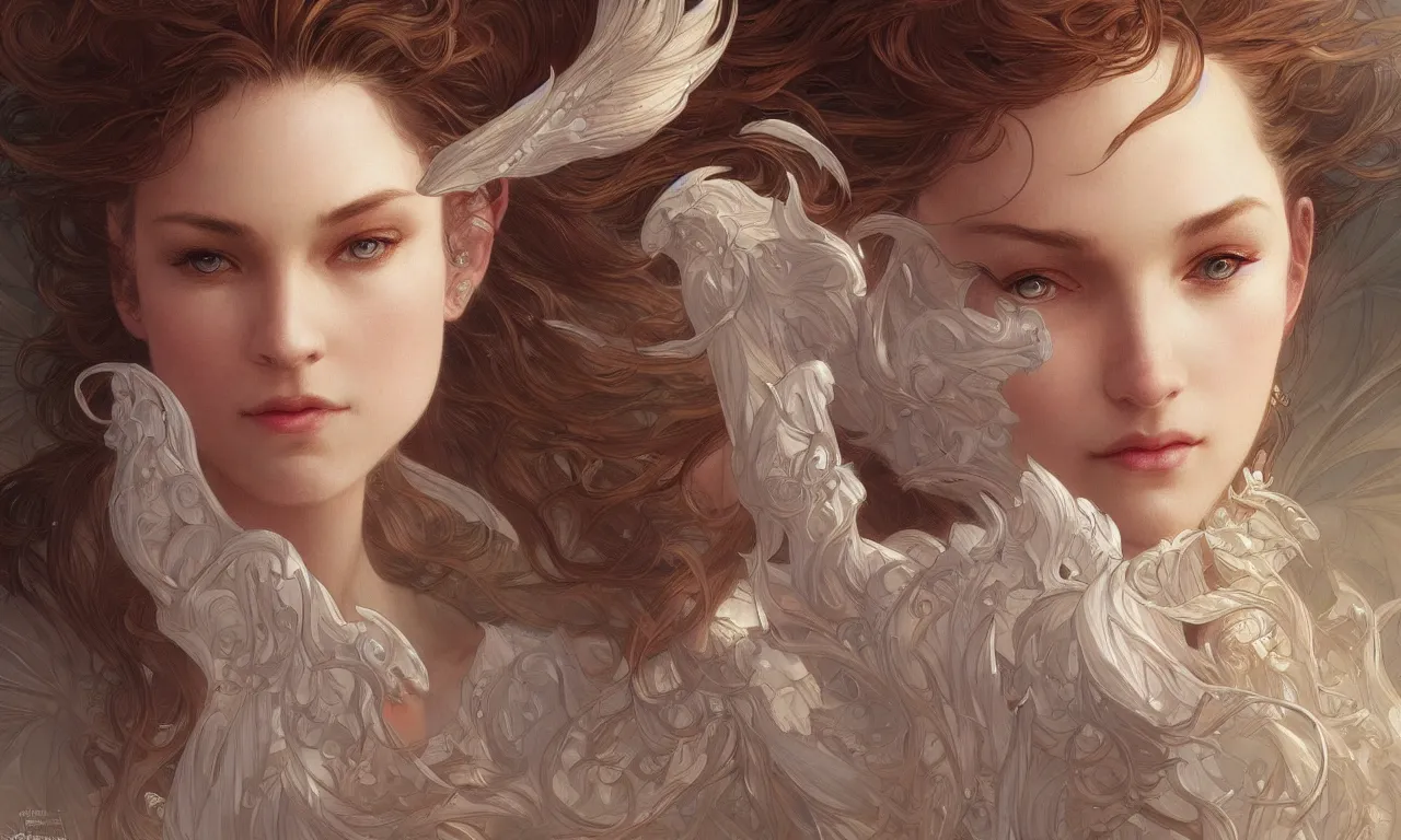 Image similar to close up portrait of beautiful angel, d & d, face, fantasy, intricate, elegant, highly detailed, digital painting, artstation, concept art, smooth, sharp focus, illustration, art by artgerm and greg rutkowski and alphonse mucha