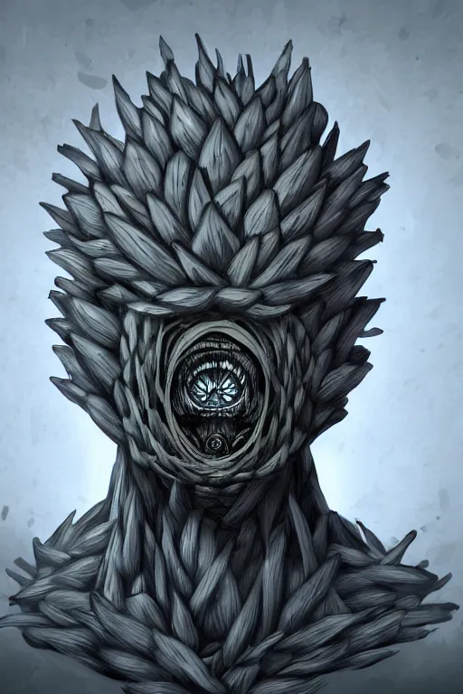 Prompt: humanoid figure with an artichoke head, highly detailed, digital art, sharp focus, trending on art station, monster, glowing eyes, anime art style