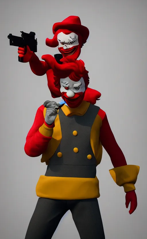 Image similar to ronald mcdonald robbing a bank holding a gun. he has taken hostages. high quality. unreal engine, embers flying, hyper realism, realistic shading, cinematic composition, blender render, octane render, ultrawide shot, photorealistic. hq. hd. 4 k. award winning. trending on artstation