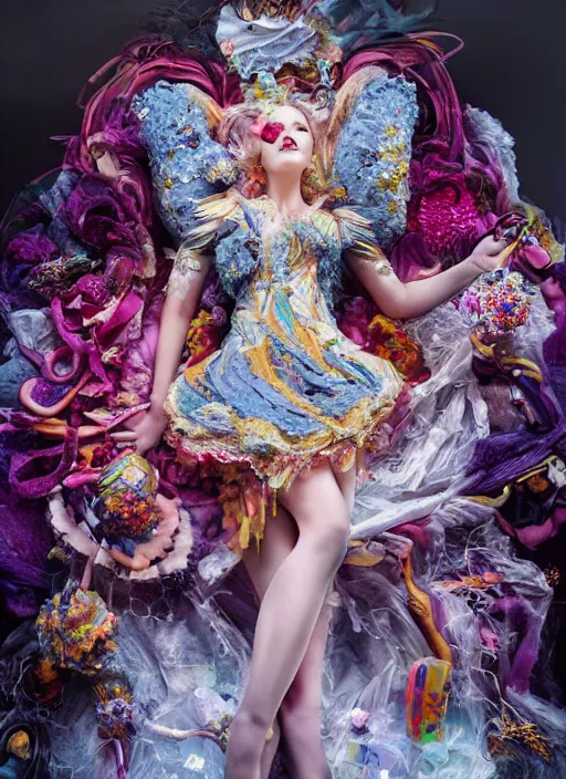 Prompt: expressive full body photo of anya taylor - joy, dress made of sweets and candies, glamour shot, by karol bak, stefan gesell, photorealistic, nikon d 4 x, fashion photography, hyper maximalist, elegant, ornate, luxury, elite, environmental portrait, symmetrical features, octane render, unreal engine, solid dark grey background, dramatic lights