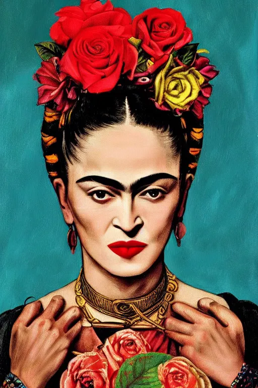 Prompt: Madonna in Frida Kahlo painting style