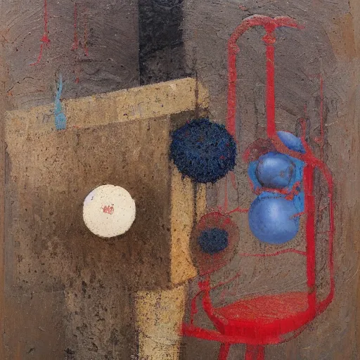 Prompt: a detailed, impasto painting by shaun tan and louise bourgeois of an abstract forgotten sculpture by ivan seal and the caretaker, scattered