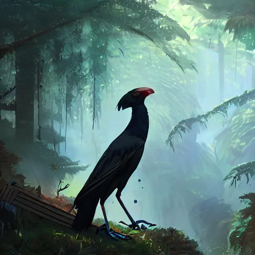 Image similar to concept art painting of an anthropomorphic humanoid steampunk crow, in the deep forest, realistic, detailed, cel shaded, in the style of makoto shinkai and greg rutkowski and james gurney