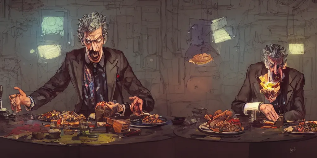 Image similar to cartoonish peter capaldi eating dinner, vivid colors, character sheet, fine details, concept design, contrast, kim jung gi, greg rutkowski, trending on artstation, 8 k, full body, turnaround, front view, back view, ultra wide angle