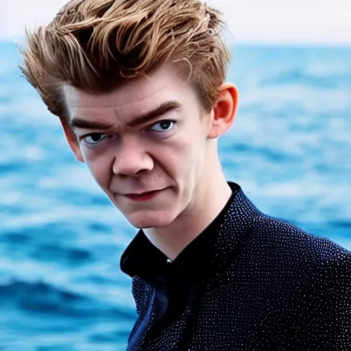 Prompt: Thomas Sangster wearing a lycra suit stepping out of a submarine overlooking the sea, handsome face, glittering sea, glamour shot, realistic face, photogenic