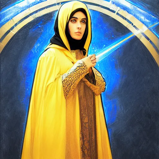 Image similar to portrait of a middle - eastern female cleric with straight black hair wearing blue and yellow vestments casting fireball, fantasy, highly detailed, digital painting, artstation, concept art, character art, art by greg rutkowski and tyler jacobson and alphonse mucha