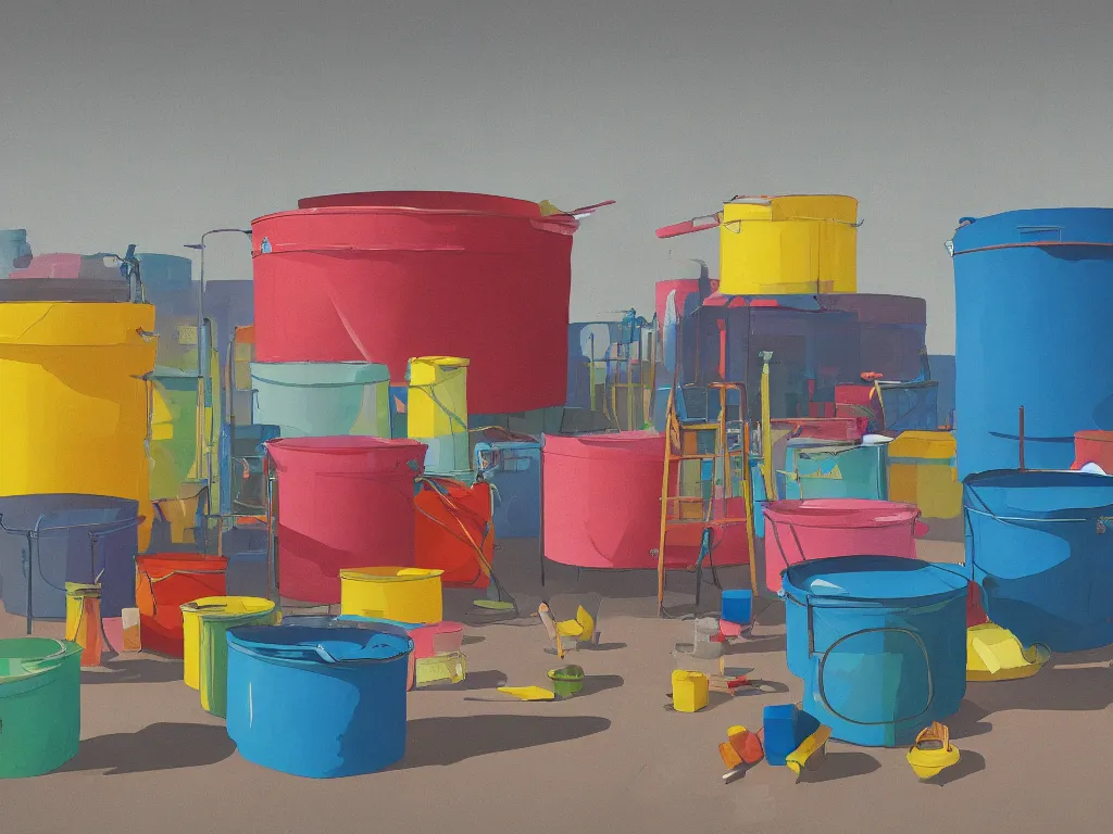 Prompt: a large room and colorful paint buckets in the style of simon stalenhag