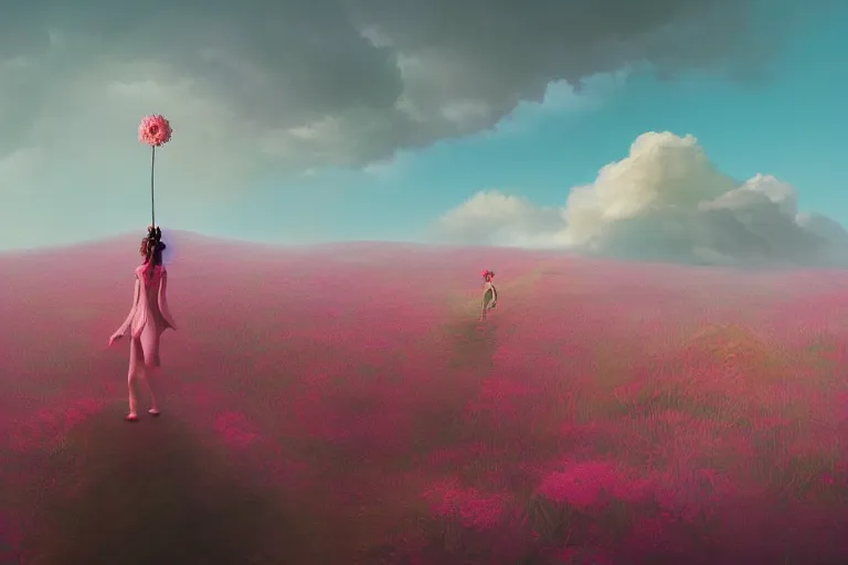 Prompt: giant dahlia flower crown head, girl walking on a mountain, surreal photography, pink storm clouds, dramatic light, impressionist painting, digital painting, artstation, simon stalenhag