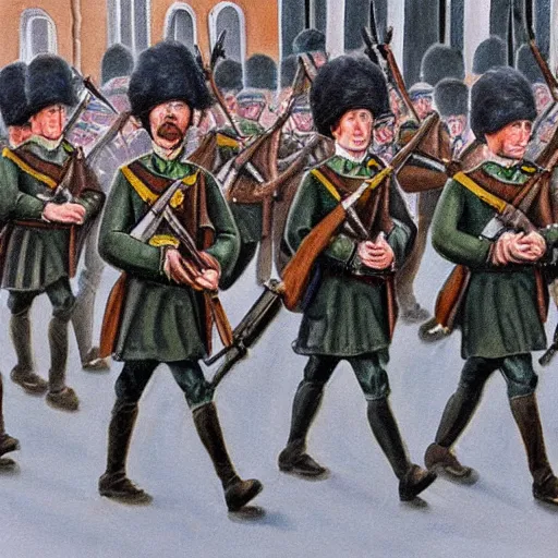 Image similar to painting of Irish rebel soldiers marching down a street in Dublin holding rifles, 4K detail