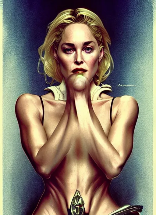 Image similar to young sharon stone as a serial killer queen, incredibly detailed face, light half opened dress, true anatomy, art by artgerm and greg rutkowski and alphonse mucha