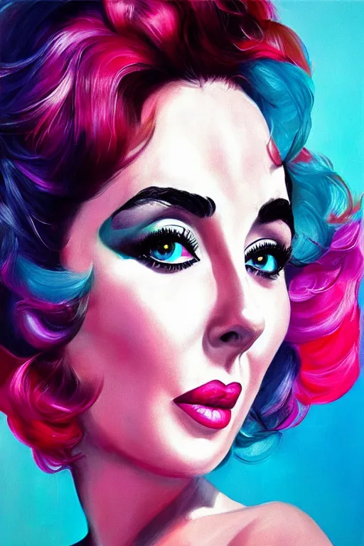 Image similar to a portrait of Elizabeth Taylor vivid colors, in a scenic environment by Artgerm, detailed,