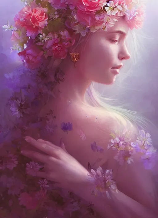 Prompt: a gorgeous flower princess portrait by WLOP, digital painting, beautiful lighting, mystical, detailed flowers, 🌺 cgsociety