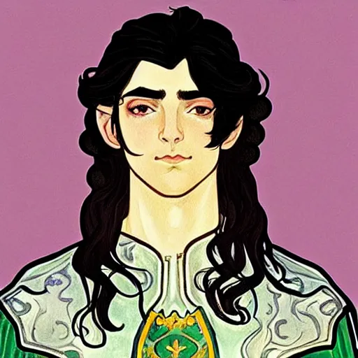 Image similar to painting of young handsome beautiful paladin elf! man with long wavy dark hair in his 2 0 s named shadow taehyung at the blueberry party, wearing armor!, elegant, clear, painting, stylized, delicate, soft facial features, art, art by alphonse mucha, vincent van gogh, egon schiele,