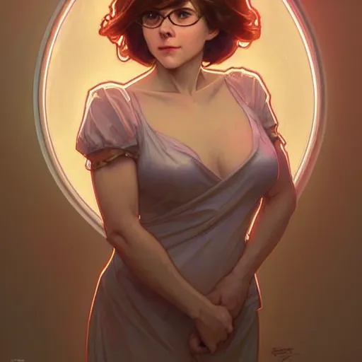 Image similar to art by artgerm and greg rutkowski and alphonse mucha. clear portrait of velma dinkley!! blonde, modest full - figured holy body!! strong, tall, light effect. hyper detailed, glowing lights!! intricate, elegant, digital painting, artstation, smooth, sharp focus