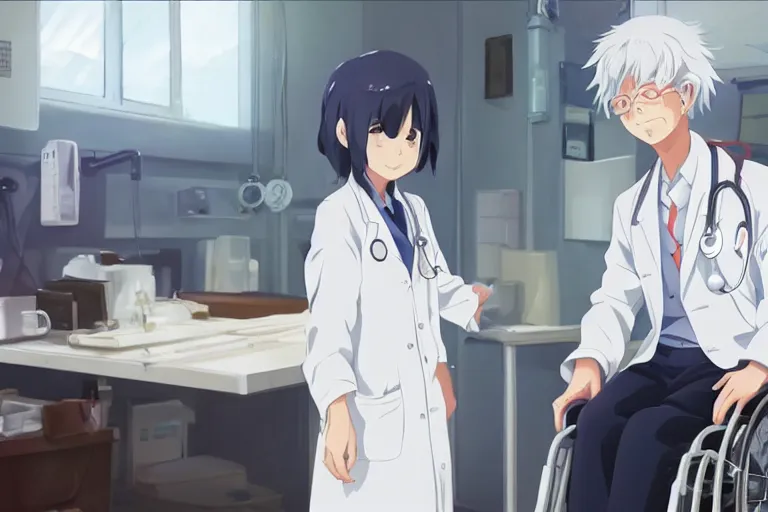 Prompt: a cute young female doctor wearing white coat, an old man of 80 years in a wheelchair, hospital ward, slice of life anime, cinematic, realistic, anime scenery by Naoshi Arakawa:8 and Makoto shinkai