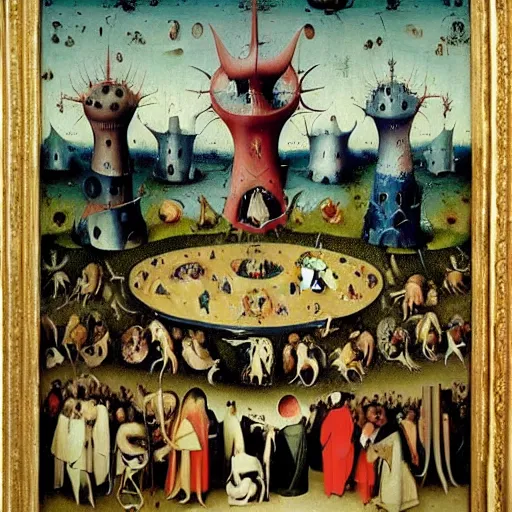 Prompt: Among Us impostor sus in Garden of Earthly Delights by Hieronymus Bosch