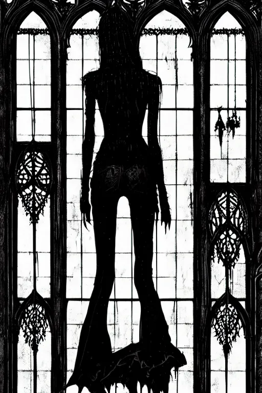 Image similar to dreamy gothic girl, black leather slim clothes, chains, windows and mirrors, beautiful body, detailed acrylic, grunge, intricate complexity, by dan mumford and by alberto giacometti, peter lindbergh