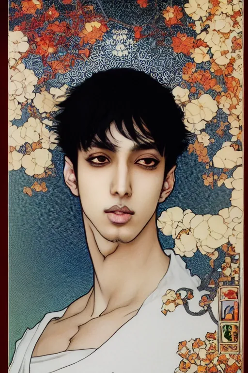 Image similar to beautiful medium shot manga portrait of mahmood inspired by ayami kojima with short hair dressed with a white t - shirt, white background white bank studio light, art by yoshitaka amano, alfons mucha, hiroaki samura, jiro matsumoto and yusuke murata, sharp focus, high quality, 8 k