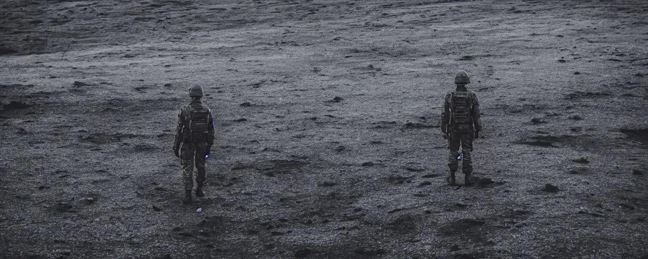 Image similar to low angle cinematic shot of lone futuristic soldier in the middle of an endless black sand beach in iceland, iceberg, 2 8 mm