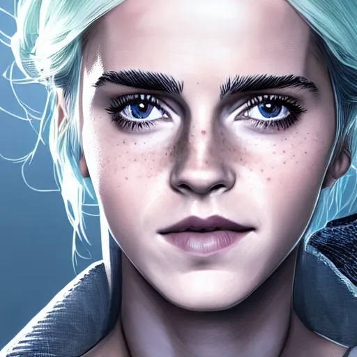 Image similar to a detailed matte portrait of emma watson dressed at ciri from the witcher, scar over green eye, long white hair, art by dan mumford and yusuke murata and makoto shinkai and ross tran, cosmic, heavenly, god rays, intricate detail, cinematic, 8 k, cel shaded, unreal engine, featured on artstation, pixiv