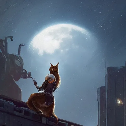 Prompt: A female cyborg kissing a tabaxi, silhouetted by a gigantic Moon, fantasy art by Greg Rutkowski