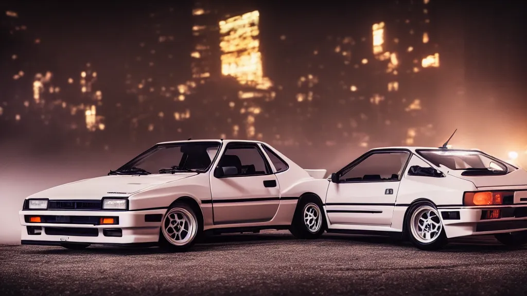 Image similar to a trueno ae 8 6, cinematic, white balance, neon, 8 k, rim lighting, led, lumen global illumination, fog, ray tracing reflections