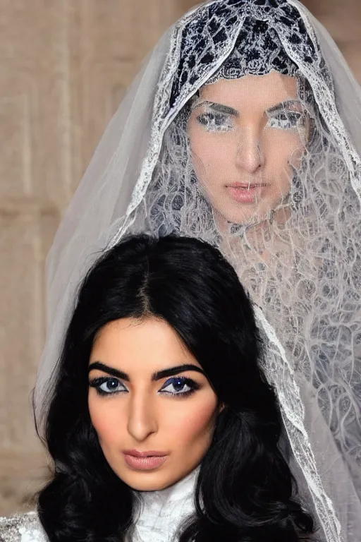 Image similar to Ameera al-Taweel, blue eyes, long wavy black hair, fierce look, white veil, closeup, focus face